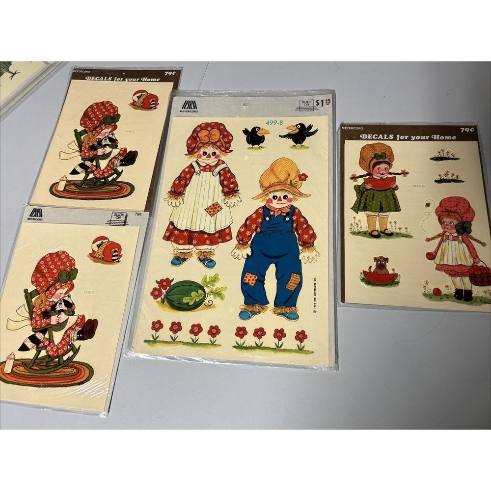 Vintage 1970's Decals Retro Scarecrows Girl In Rocking Chair Bonnet Pinafore